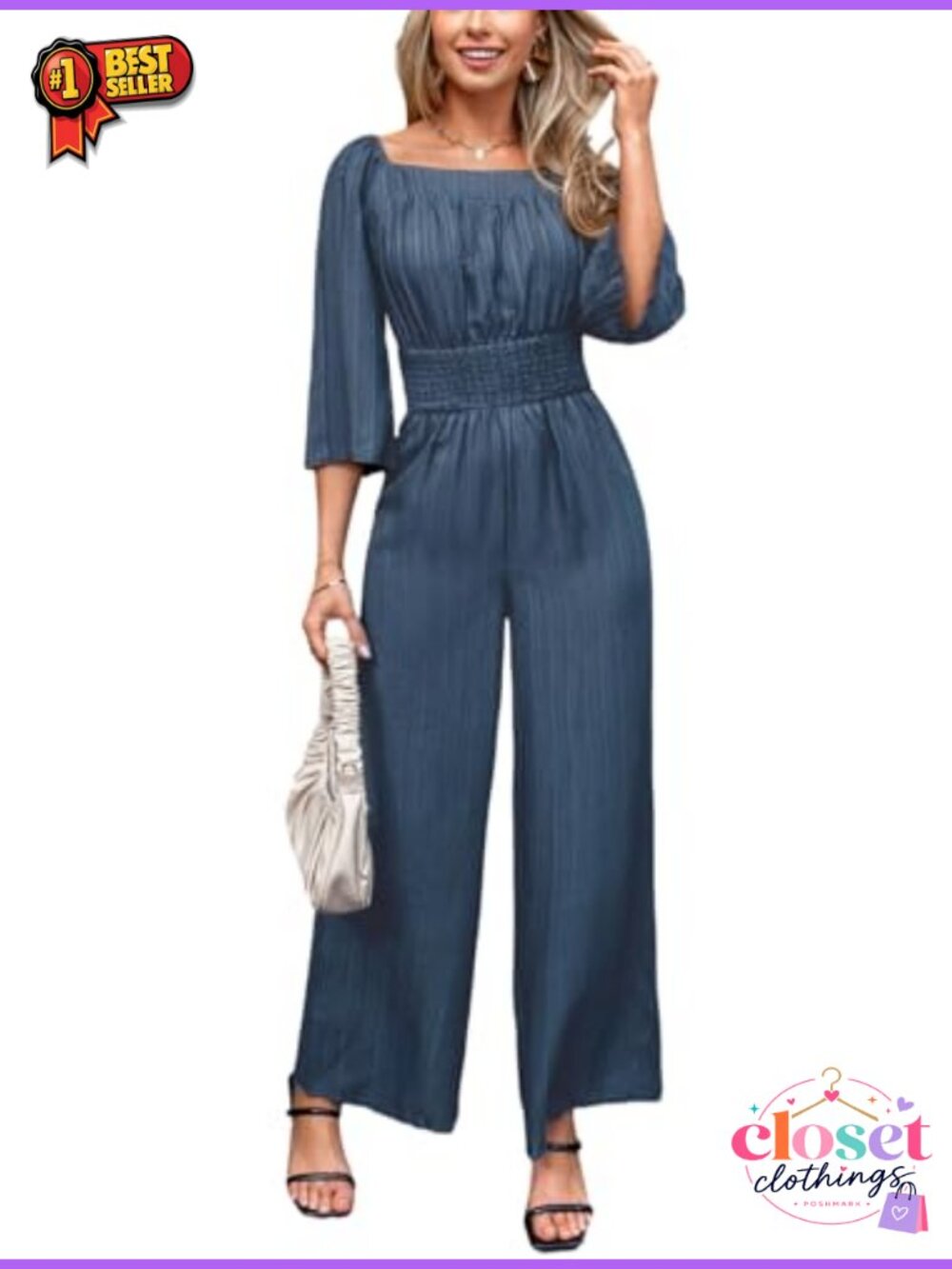 CUPSHE Women's One Piece Jumpsuit 3/4 Sleeve Square Neck Wide Leg